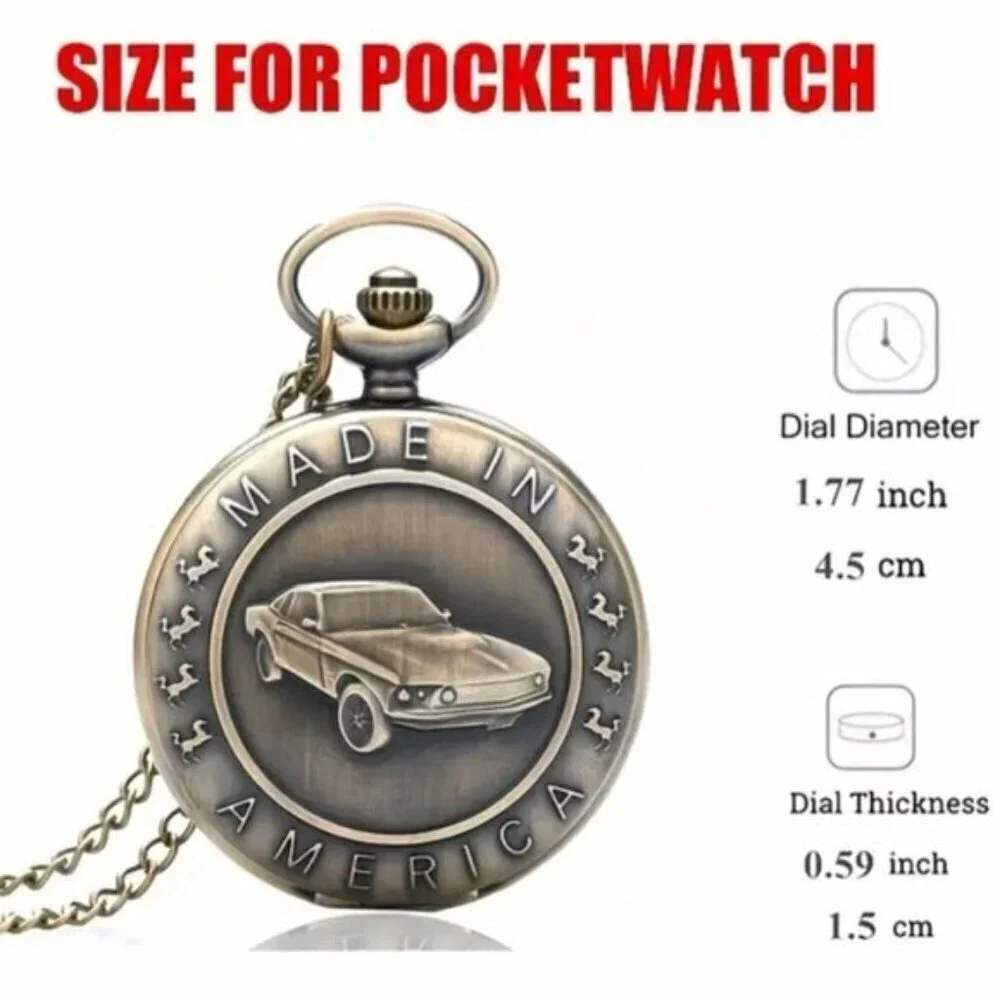 Pocket Chain Watch Mustang Car Flip Open Bronze Tone Quartz Second Hand
